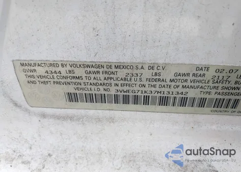 2007 Volkswagen Jetta Wolfsburg Edition z USA, uszkodzony, nr VIN 3VWEG71K37M131342